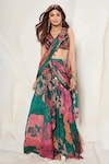 Buy_Basil Leaf_Multi Color Chinon Chiffon Tassel Pre-draped Saree With Blouse _at_Aza_Fashions