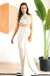 Buy_Richa Jaisinghani Label_Off White Shimmer Satin Embroidery And Nalki Blouse With Draped Skirt  _at_Aza_Fashions