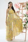 Buy_Basanti - Kapde Aur Koffee x AZA_Yellow Chinon Printed Floral Cape One Shoulder And Sharara Set_at_Aza_Fashions
