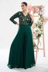 Buy_Basanti - Kapde Aur Koffee x AZA_Green Georgette Embroidered Sequins V Neck Floral Flared Jumpsuit_at_Aza_Fashions