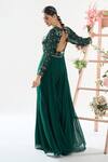 Basanti - Kapde Aur Koffee x AZA_Green Georgette Embroidered Sequins V Neck Floral Flared Jumpsuit_Online_at_Aza_Fashions