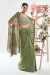 Buy_Basanti - Kapde Aur Koffee x AZA_Green Chinon Embroidered Sequins Blouse Floral Print Cape And Draped Skirt Set_at_Aza_Fashions