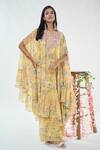 Buy_Basanti - Kapde Aur Koffee x AZA_Yellow Chinon Printed Floral Blouse Sweetheart Cape And Sharara Co-ord Set_at_Aza_Fashions