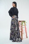 Basanti - Kapde Aur Koffee x AZA_Black Crepe Printed Floral Top Blunt V Skirt And Embroidered Kaftan Set_Online_at_Aza_Fashions