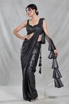 Samyukta Singhania_Black Imported Embroidery Shimmery Ruffle Pallu Pre-draped Saree With Blouse_at_Aza_Fashions