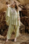 Buy_Kaprapan by Anaita Shah_Green Satin Chiffon Embroidered Scatter Round Sequin Kaftan Kurta And Pant Set _at_Aza_Fashions