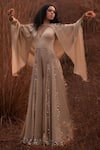 Buy_Kaprapan by Anaita Shah_Beige Satin Chiffon Embroidered Sequin Round Jumpsuit With Cape 