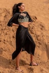 Kaprapan by Anaita Shah_Black Satin Chiffon Embroidered Sequin Tie-up Scalloped Cape Draped Skirt Set _Online_at_Aza_Fashions