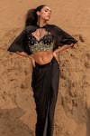 Shop_Kaprapan by Anaita Shah_Black Satin Chiffon Embroidered Sequin Tie-up Scalloped Cape Draped Skirt Set _Online_at_Aza_Fashions