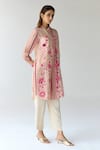 Shyam Narayan Prasad_Pink Chanderi Hand Block Printed Floral Stand Collar Kurta Pant Set  _at_Aza_Fashions