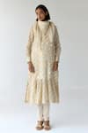 Buy_Shyam Narayan Prasad_Beige Chanderi Hand Block Printed Floral Round Embroidered Striped Kurta Set _at_Aza_Fashions