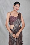 Samyukta Singhania_Brown Imported Embroidery Beads Shimmery Stripe Pre-draped Saree With Blouse_Online