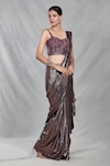 Buy_Samyukta Singhania_Brown Imported Embroidery Beads Shimmery Stripe Pre-draped Saree With Blouse_Online