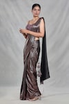Samyukta Singhania_Brown Imported Embroidery Beads Shimmery Stripe Pre-draped Saree With Blouse_at_Aza_Fashions