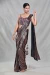 Shop_Samyukta Singhania_Brown Imported Embroidery Beads Shimmery Stripe Pre-draped Saree With Blouse