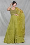 Samyukta Singhania_Green Georgette Embroidery Sequin Leaf Neck Mughal Bloom Gown With Dupatta _Online_at_Aza_Fashions