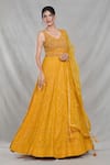 Samyukta Singhania_Yellow Georgette Embroidery Sequin Leaf Neck Mughal Darbar Gown With Dupatta _at_Aza_Fashions