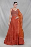 Buy_Samyukta Singhania_Orange Georgette Embroidery Sequin Leaf Neck Persian Darbar Gown With Dupatta _at_Aza_Fashions