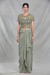 Shop_Samyukta Singhania_Green Net Embroidery Sequin Round Neck Ivy Vine Cape Draped Skirt Set