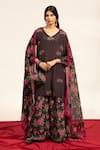 Buy_Shetab Kazmi_Black Pure Crepe Printed Floral V-neck Star Embellished Kurta Sharara Set _at_Aza_Fashions