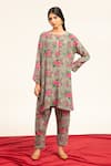 Buy_Shetab Kazmi_Grey Pure Crepe Printed Floral Round Botanic Sequined Kurta With Salwar _at_Aza_Fashions