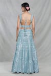 Shop_Samyukta Singhania_Blue Net Embroidered Sequin V-neck Geometric Grid Lehenga Set_at_Aza_Fashions