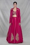 Shop_Samyukta Singhania_Pink Silk Imported Embroidery Sequin Spread Collar Bloom Jacket Lehenga Set _at_Aza_Fashions