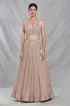 Buy_Samyukta Singhania_Beige Silk Embroidery Sequin Halter Neck Peony Bloom Lehenga Set_Online