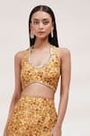 Buy_Breathe by Aakanksha Singh_Yellow Upada Silk Printed Shrub Halter Neck Embroidered Crop Top Sharara Set_Online_at_Aza_Fashions