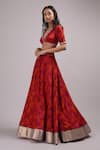 Breathe by Aakanksha Singh_Red Upada Silk Printed Abstract Rose V Neck Thia Lehenga Set _Online_at_Aza_Fashions