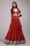 Shop_Breathe by Aakanksha Singh_Red Upada Silk Printed Abstract Rose V Neck Thia Lehenga Set _Online_at_Aza_Fashions