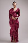 Buy_Breathe by Aakanksha Singh_Purple Upada Silk Printed Abstract V Winkle Pre-draped Ruffle Saree With Blouse _at_Aza_Fashions