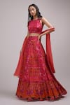 Buy_Breathe by Aakanksha Singh_Orange Upada Silk Printed Floral Round Neck Floortie Lehenga Set_at_Aza_Fashions