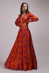 Breathe by Aakanksha Singh_Orange Upada Silk Printed Rose V Neck Giacinta Blouse And Skirt Set_Online_at_Aza_Fashions