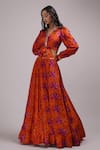 Buy_Breathe by Aakanksha Singh_Orange Upada Silk Printed Rose V Neck Giacinta Blouse And Skirt Set_Online_at_Aza_Fashions