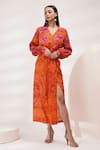 Buy_Breathe by Aakanksha Singh_Orange Upada Silk Printed Rose Collar Glory Shirt And Skirt Set _at_Aza_Fashions