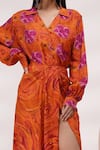 Breathe by Aakanksha Singh_Orange Upada Silk Printed Rose Collar Glory Shirt And Skirt Set _Online_at_Aza_Fashions