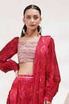 Breathe by Aakanksha Singh_Red Upada Silk Printed Rose Square Neck Herb Dhoti Pant Saree With Blouse _at_Aza_Fashions