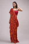 Buy_Breathe by Aakanksha Singh_Orange Upada Silk Printed Floral Square Neck Jonquil Draped Saree With Blouse_at_Aza_Fashions