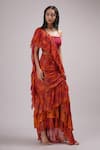 Breathe by Aakanksha Singh_Orange Upada Silk Printed Floral Square Neck Jonquil Draped Saree With Blouse_Online_at_Aza_Fashions