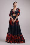 Buy_Breathe by Aakanksha Singh_Blue Cotton Voile Printed Rose Collar Kassia Bomber Jacket Lehenga Set _at_Aza_Fashions