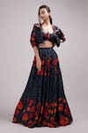 Shop_Breathe by Aakanksha Singh_Blue Cotton Voile Printed Rose Collar Kassia Bomber Jacket Lehenga Set _at_Aza_Fashions