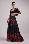 Shop_Breathe by Aakanksha Singh_Blue Cotton Voile Printed Rose Collar Kassia Bomber Jacket Lehenga Set _Online_at_Aza_Fashions