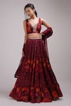 Buy_Breathe by Aakanksha Singh_Wine Upada Silk Printed Floral Plunge V Neck Latica Pleated Lehenga Set _at_Aza_Fashions