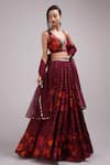 Breathe by Aakanksha Singh_Wine Upada Silk Printed Floral Plunge V Neck Latica Pleated Lehenga Set _Online_at_Aza_Fashions