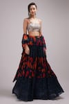 Buy_Breathe by Aakanksha Singh_Blue Upada Silk Printed Rose Square Neck Tiered Lehenga Set_at_Aza_Fashions
