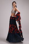 Breathe by Aakanksha Singh_Blue Upada Silk Printed Rose Square Neck Tiered Lehenga Set_at_Aza_Fashions