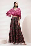 Buy_Breathe by Aakanksha Singh_Pink Upada Silk Printed Leaf V Neck Top And Sharara Set _at_Aza_Fashions