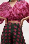 Breathe by Aakanksha Singh_Pink Upada Silk Printed Leaf V Neck Top And Sharara Set _Online_at_Aza_Fashions