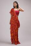 Buy_Breathe by Aakanksha Singh_Red Shimmer Georgette Printed Floral Pansy Draped Ruffle Saree With Blouse_at_Aza_Fashions